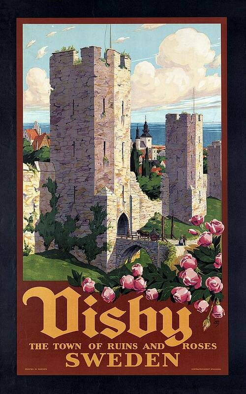 Visby Poster featuring the mixed media Visby, Gotland, Sweden - Town of Ruins and Roses - Retro travel Poster - Vintage Poster by Studio Grafiikka