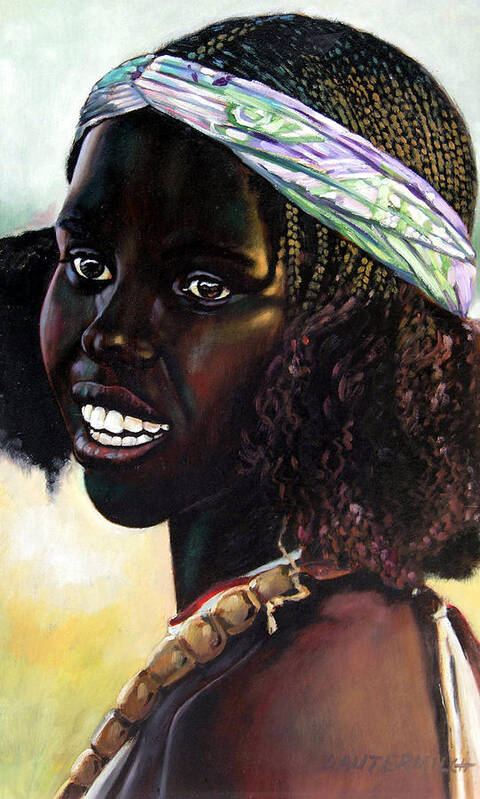 Young Black African Girl Poster featuring the painting Young Black African Girl by John Lautermilch