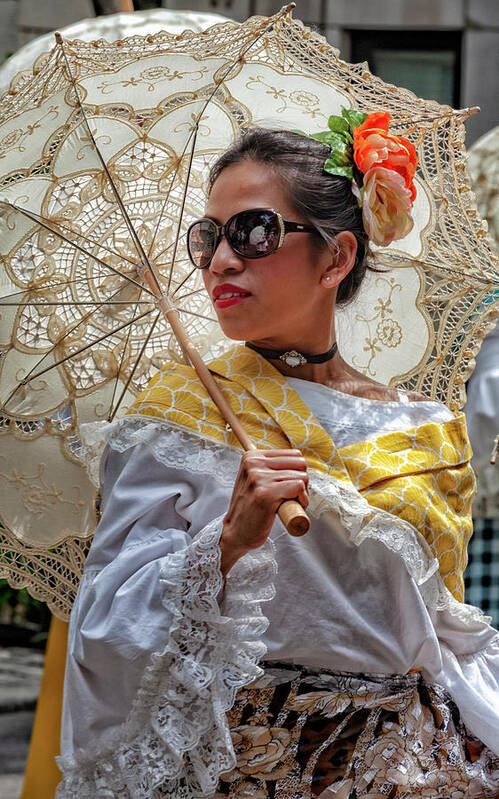 Filipino Day Parade Nyc 2019 Woman With Parasol Poster featuring the photograph Filipino Day Parade NYC 2019 Woman with Parasol #2 by Robert Ullmann