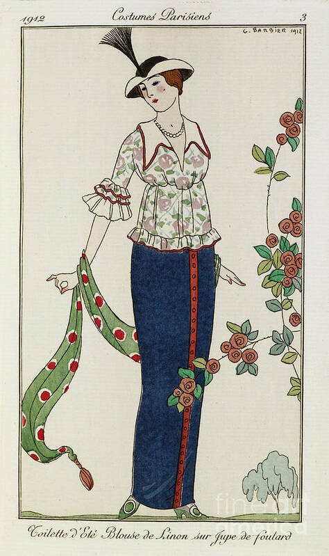 Barbier Poster featuring the painting A Woman Wearing A Summer Blouse And Skirt She Holds A Green Scarf She Wears A Hat With A Feather by Georges Barbier