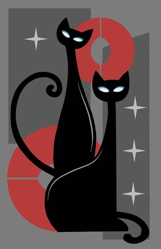 Painting Poster featuring the painting Modern Meows Atomic Age Black Kitschy Cats by Little Bunny Sunshine