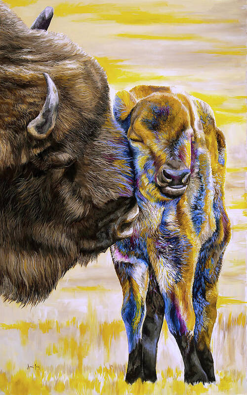 Bison Poster featuring the painting Nuzzled by Averi Iris