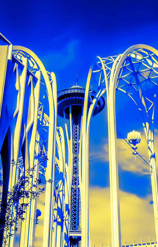 Space Needle Poster featuring the photograph Space Needle Blue and Yellow by Cathy Anderson