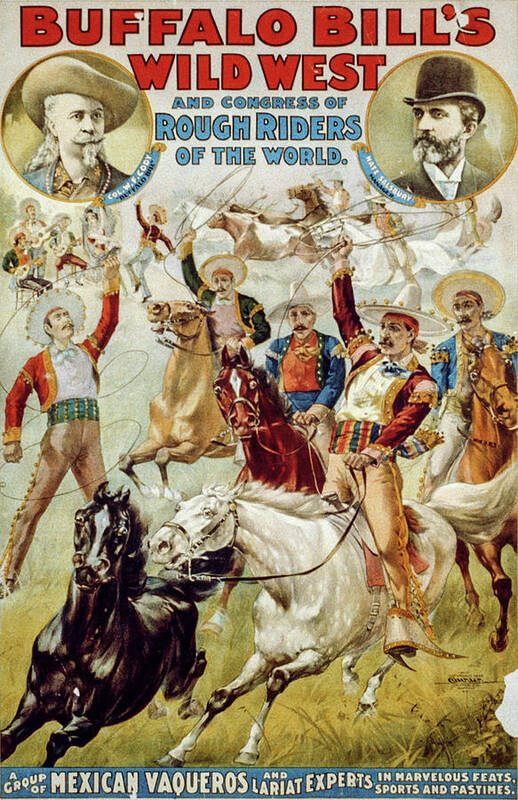 Western Poster featuring the drawing A Group of Mexican Vaqueros and Lariat Experts by Buffalo Bill's Wild West Show Poster