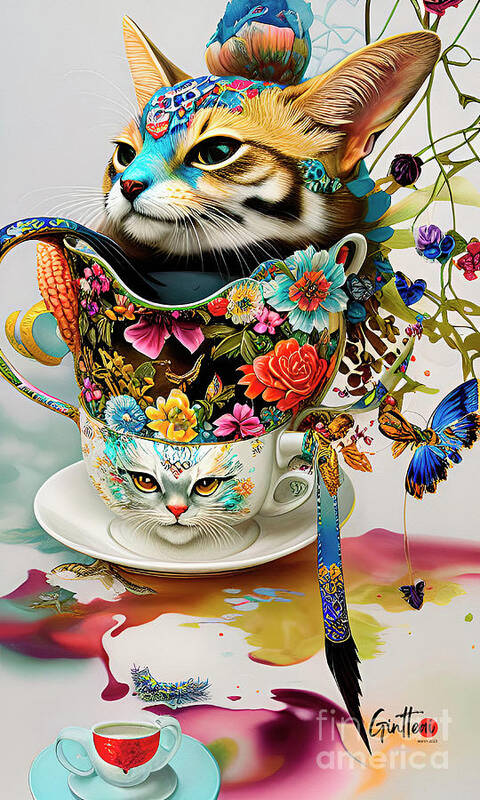 Digital Art Poster featuring the digital art Cats in A Cup 2 Ginette In Wonderland Decorative Art by Ginette Callaway