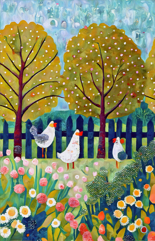 Hens Poster featuring the mixed media Country Cottage and Hens 2 by Ann Leech
