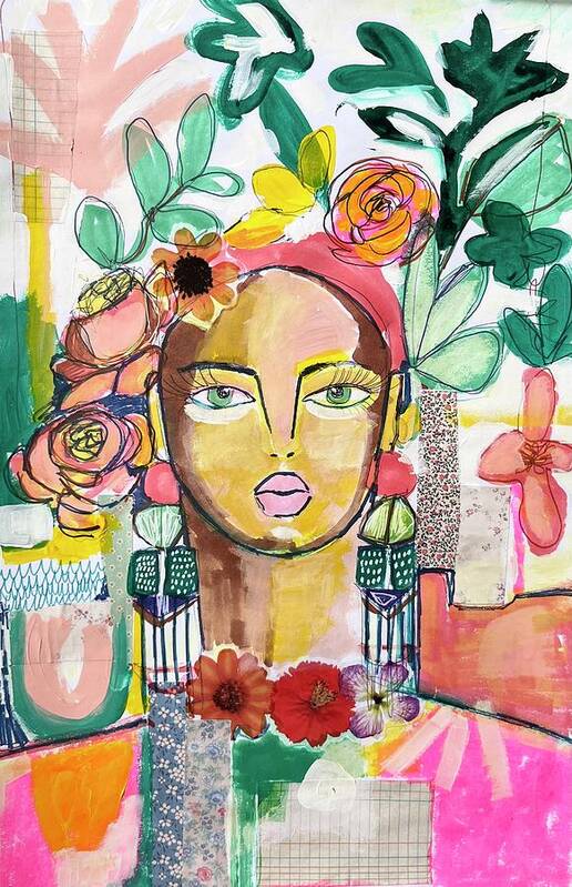 Abstract Portrait Poster featuring the mixed media Flower Garden Portrait by Rosalina Bojadschijew