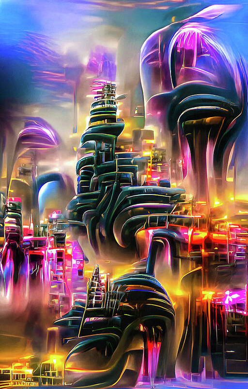 Futuristic Poster featuring the digital art Futuristic Megapolis Architecture 02 Glowing Lights by Matthias Hauser