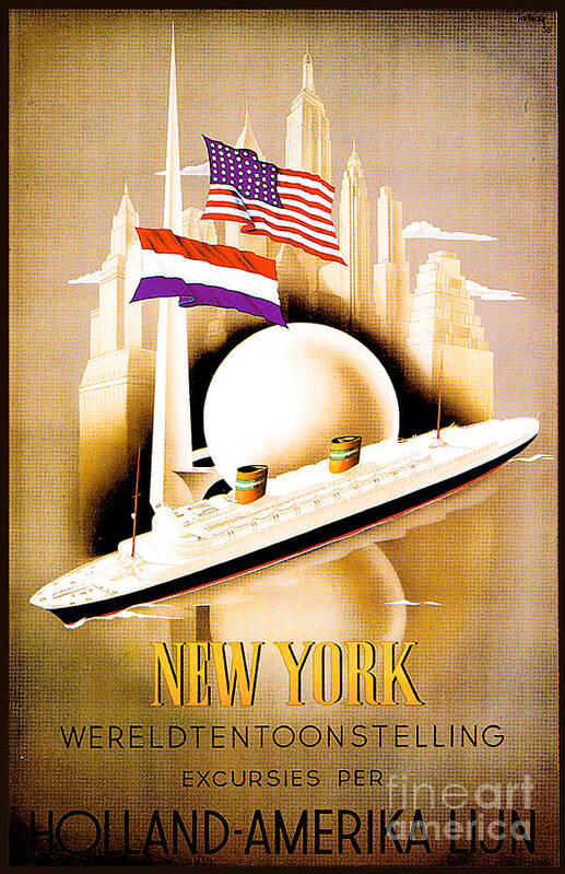 New York Poster featuring the painting New York Wereldtentoonstelling excursies per Holland Amerika Lijn Poster 1938 by Unknown