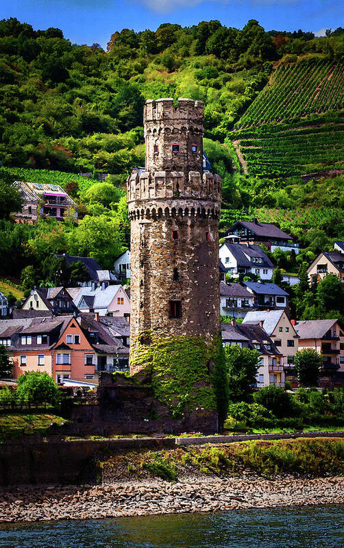 Oberwesel Poster featuring the digital art Oberwesel Town Wall Guard Tower, Watercolor on Sandstone by Ron Long Ltd Photography