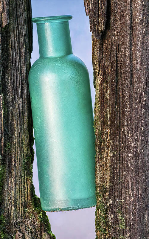 Bottle Poster featuring the photograph Sea Glass Bottle Caught Between Pilings by Gary Slawsky