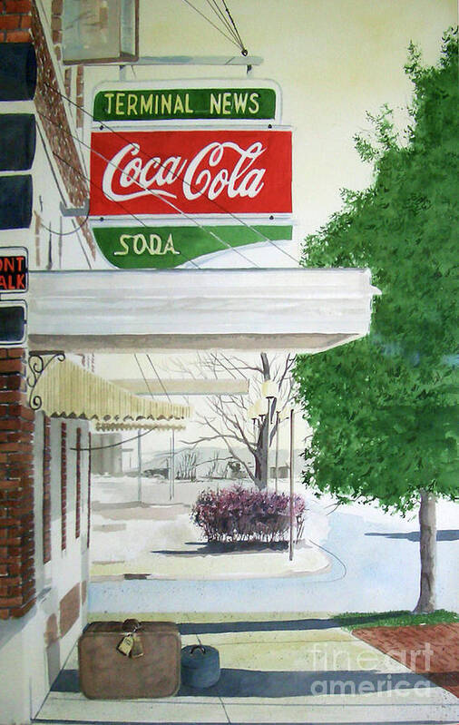 A Coca Cola Sign Hangs Outside The Bus Station In Coffeyville Poster featuring the painting Terminal News by Monte Toon