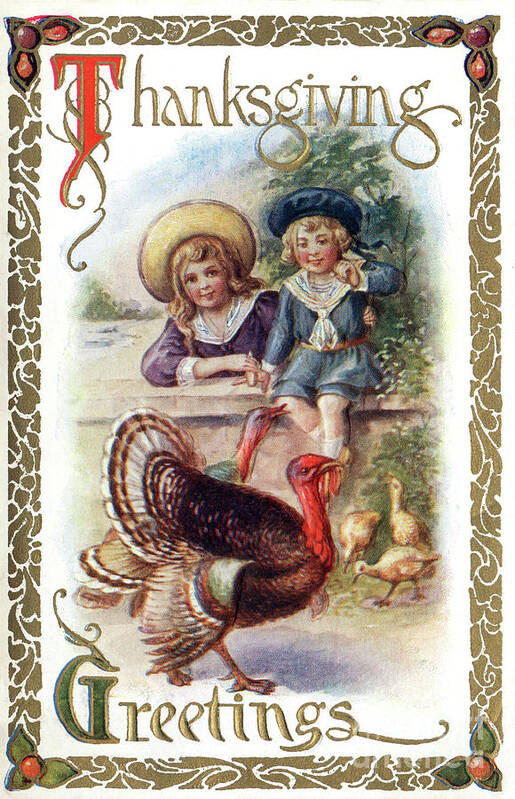 Thanksgiving Poster featuring the digital art Two children sitting at fence watching a turkey. by Pete Klinger