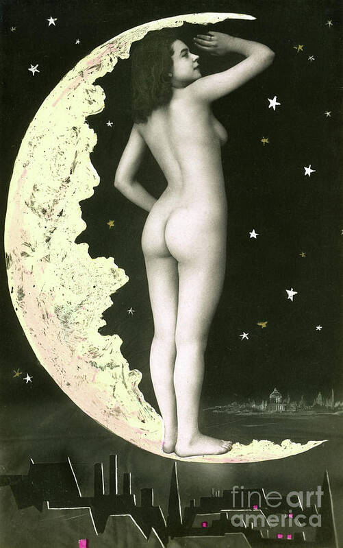 Moon Poster featuring the photograph Vintage Postcard with a nude model in a crescent moon by French School