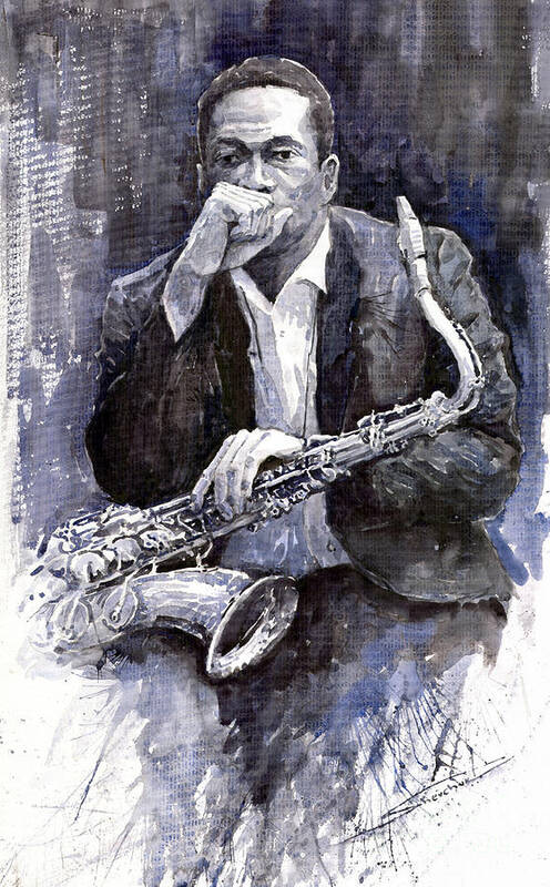 Jazz Poster featuring the painting Jazz Saxophonist John Coltrane black by Yuriy Shevchuk