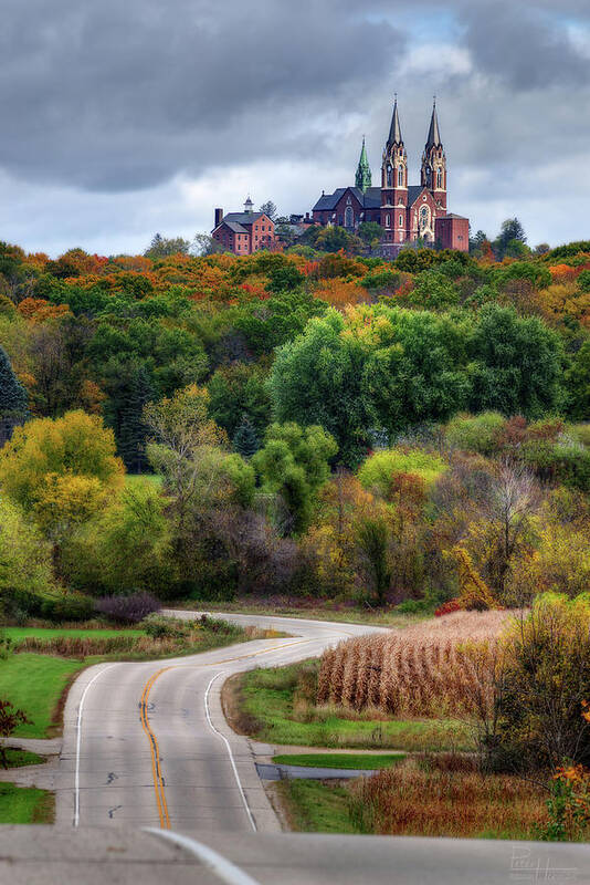 Holy Hill Basilica Cathedral Catholic Wisconsin Scenic Landscape Architecture Roads Road Trip Autumn Corn Rural Fall Fall Colors Church Poster featuring the photograph Holy Hill Basilica by Peter Herman