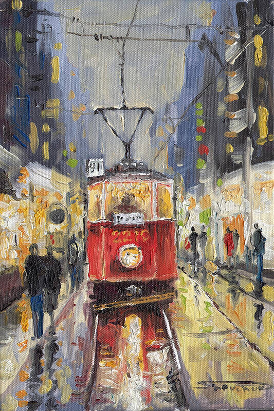 Oil Poster featuring the painting Prague Old Tram 08 by Yuriy Shevchuk