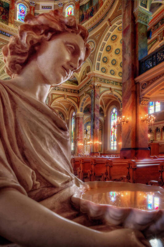 Basilica Josaphat Milwaukee Cathedral Font Holy Water Church Tabernacle Sanctuary Angel Religion Mass Catholic Polish Wi Wisconsin Poster featuring the photograph Reflecting on that which is Holy by Peter Herman