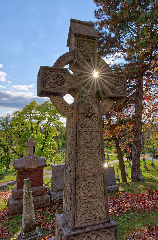 Celtic Poster featuring the photograph Celtic Cross Tombstone on hill of Calvary Chapel in Milwaukee WI by Peter Herman