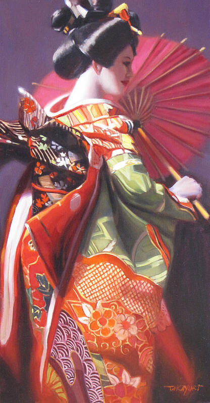 Oil On Canvas Geisha Poster featuring the painting Red Geisha Girl by Takayuki Harada