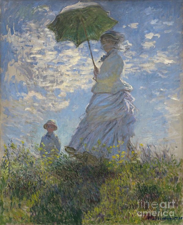 Female; Male; Boy; Child; Hill; Walking; Walk; Stroll; Summer; Outdoors; Mother; Hat; Impressionist; Artists Poster featuring the painting Woman with a Parasol Madame Monet and Her Son by Claude Monet