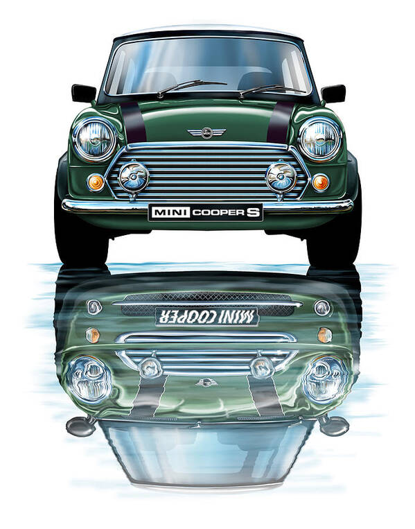  Poster featuring the digital art Austin Mini Cooper with new BMW Mini Cooper Reflected #2 by David Kyte