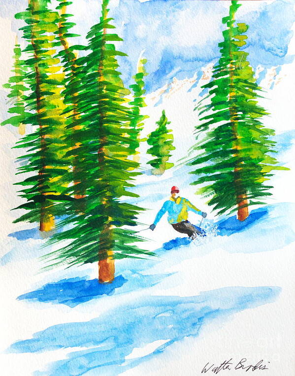 Powder Skiing Poster featuring the painting David Skiing the Trees by Walt Brodis