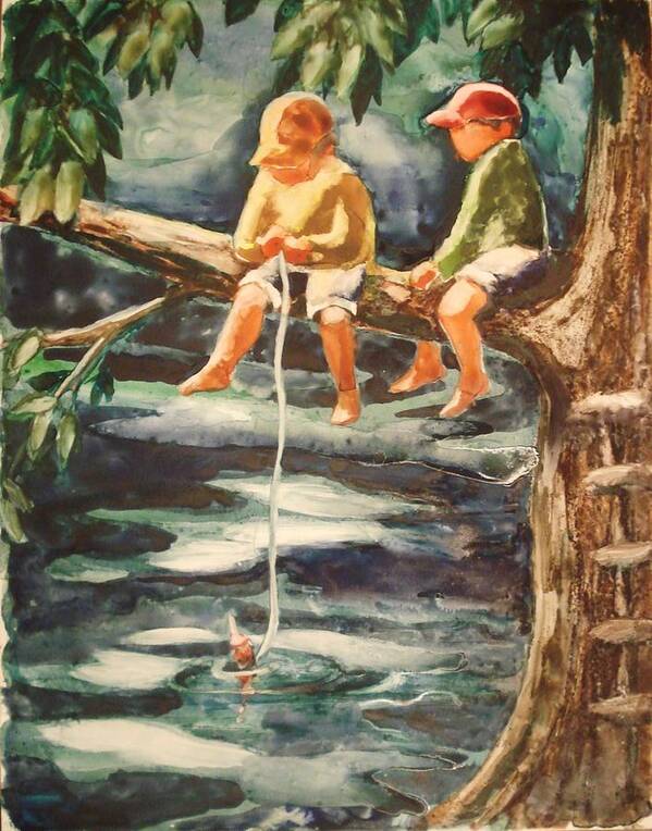 Boys Poster featuring the painting Jes Fishin #1 by Marilyn Jacobson
