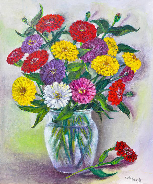 Zinnias Poster featuring the painting Old Fashioned Zinnias by Rand Burns