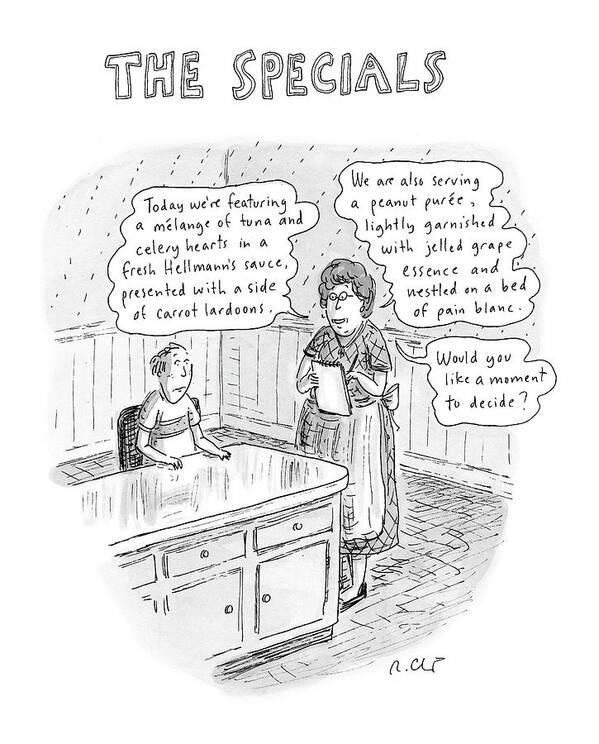 Food Dining Low Cuisine Service Restaurants Word Play

(waitress Reads Poster featuring the drawing The Specials by Roz Chast