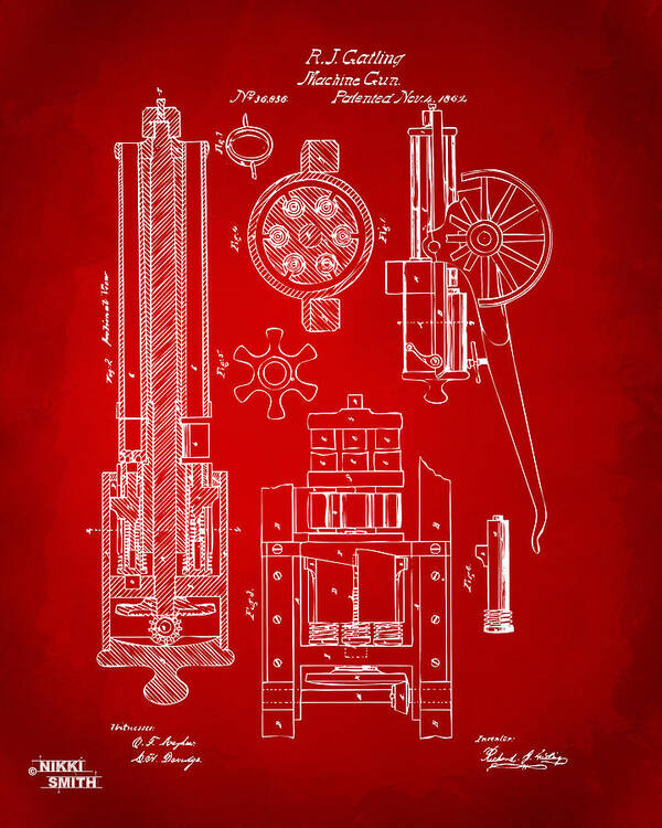 Gatling Gun Poster featuring the digital art 1862 Gatling Gun Patent Artwork - Red by Nikki Marie Smith