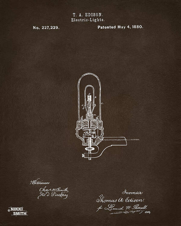 Electricity Poster featuring the digital art 1880 Edison Electric Lights Patent Artwork Espresso by Nikki Marie Smith