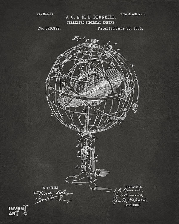 Globe Poster featuring the digital art 1885 Terrestro Sidereal Sphere Patent Artwork - Gray by Nikki Marie Smith