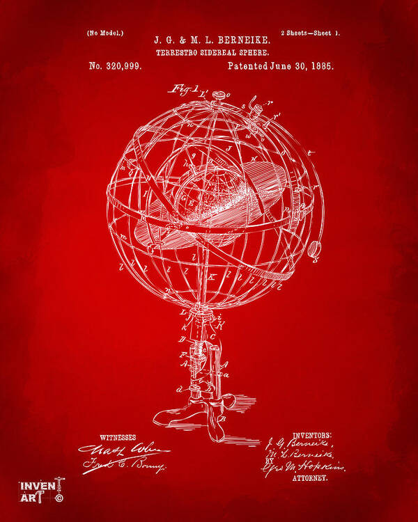 Globe Poster featuring the digital art 1885 Terrestro Sidereal Sphere Patent Artwork - Red by Nikki Marie Smith