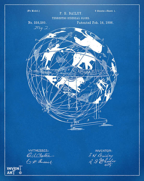 Globe Poster featuring the digital art 1886 Terrestro Sidereal Globe Patent Artwork - Blueprint by Nikki Marie Smith