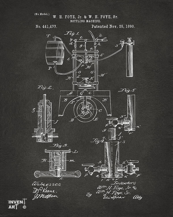 Bottling Machine Poster featuring the digital art 1890 Bottling Machine Patent Artwork Gray by Nikki Marie Smith
