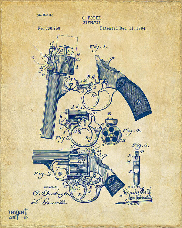 Revolver Poster featuring the digital art 1894 Foehl Revolver Patent Artwork - Vintage by Nikki Marie Smith