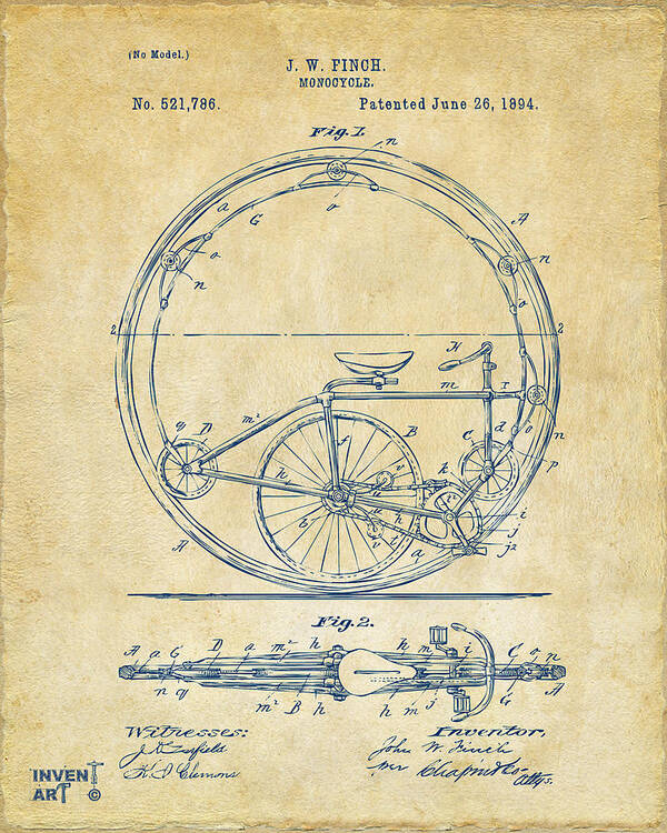 Bicycle Poster featuring the digital art 1894 Monocycle Patent Artwork Vintage by Nikki Marie Smith