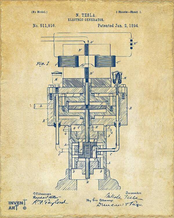 Tesla Poster featuring the digital art 1894 Tesla Electric Generator Patent Vintage by Nikki Marie Smith