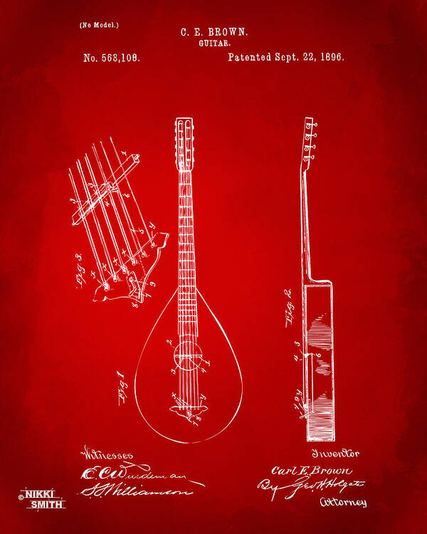 Guitar Poster featuring the drawing 1896 Brown Guitar Patent Artwork - Red by Nikki Marie Smith