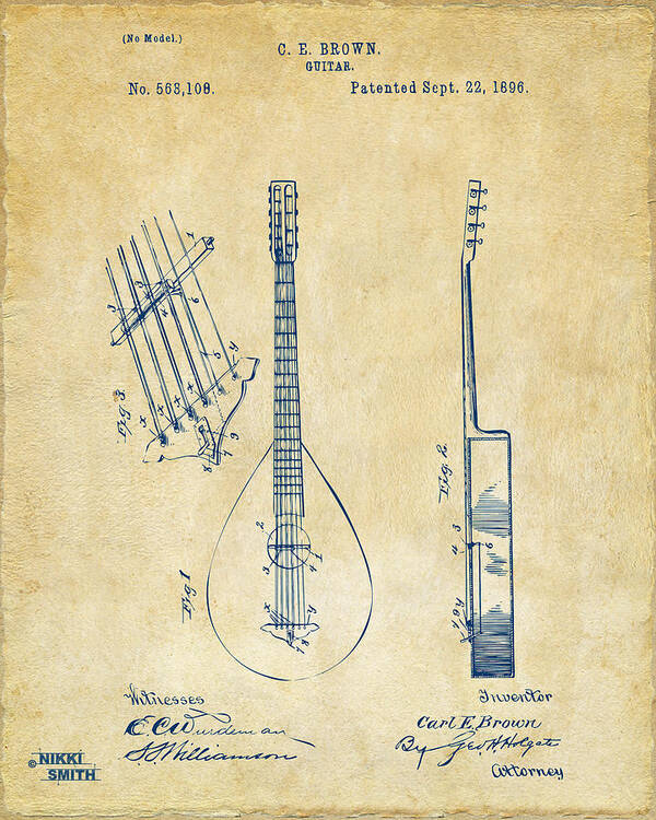 Guitar Poster featuring the drawing 1896 Brown Guitar Patent Artwork - Vintage by Nikki Marie Smith