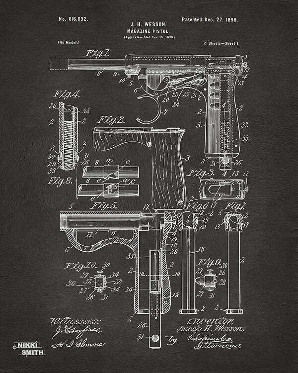 Wesson Pistol Poster featuring the digital art 1898 Wesson Magazine Pistol Patent Artwork - Gray by Nikki Marie Smith