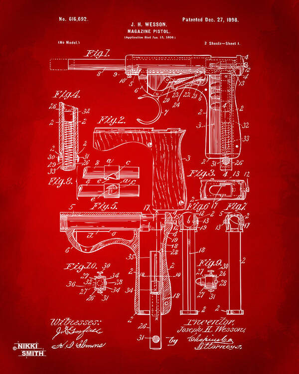 Wesson Pistol Poster featuring the drawing 1898 Wesson Magazine Pistol Patent Artwork - Red by Nikki Marie Smith