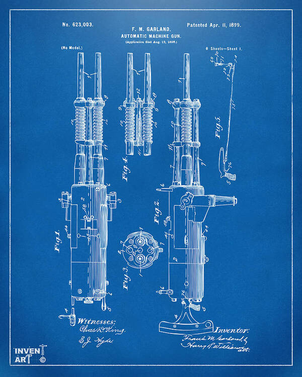 Machine Gun Poster featuring the digital art 1899 Garland Automatic Machine Gun Patent Artwork - Blueprint by Nikki Marie Smith