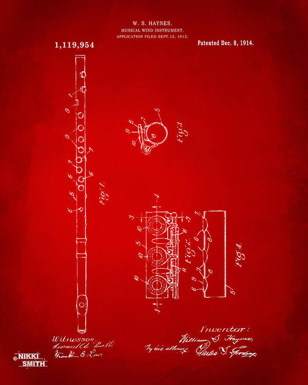 Flute Poster featuring the digital art 1914 Flute Patent - Red by Nikki Marie Smith