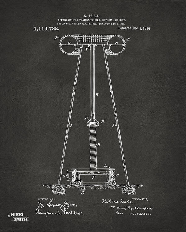 Tesla Poster featuring the digital art 1914 Tesla Transmitter Patent Artwork - Gray by Nikki Marie Smith