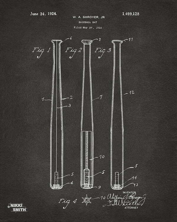 Baseball Bat Poster featuring the digital art 1924 Baseball Bat Patent Artwork - Gray by Nikki Marie Smith