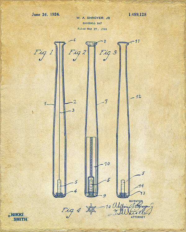 Baseball Bat Poster featuring the digital art 1924 Baseball Bat Patent Artwork - Vintage by Nikki Marie Smith