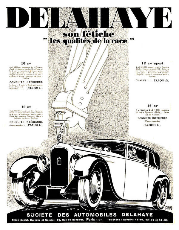 1935 Poster featuring the digital art 1928 - Delehaye Automobile Advertisement by John Madison