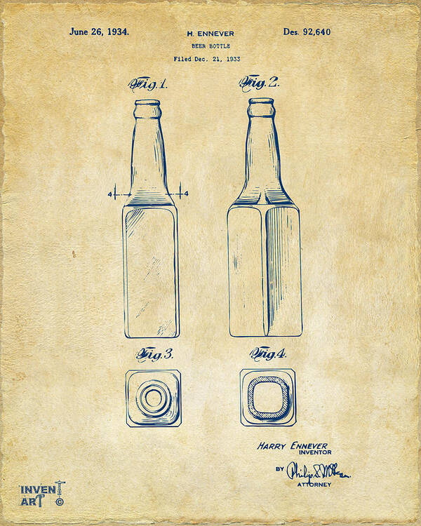 Beer Bottle Poster featuring the digital art 1934 Beer Bottle Patent Artwork - Vintage by Nikki Marie Smith